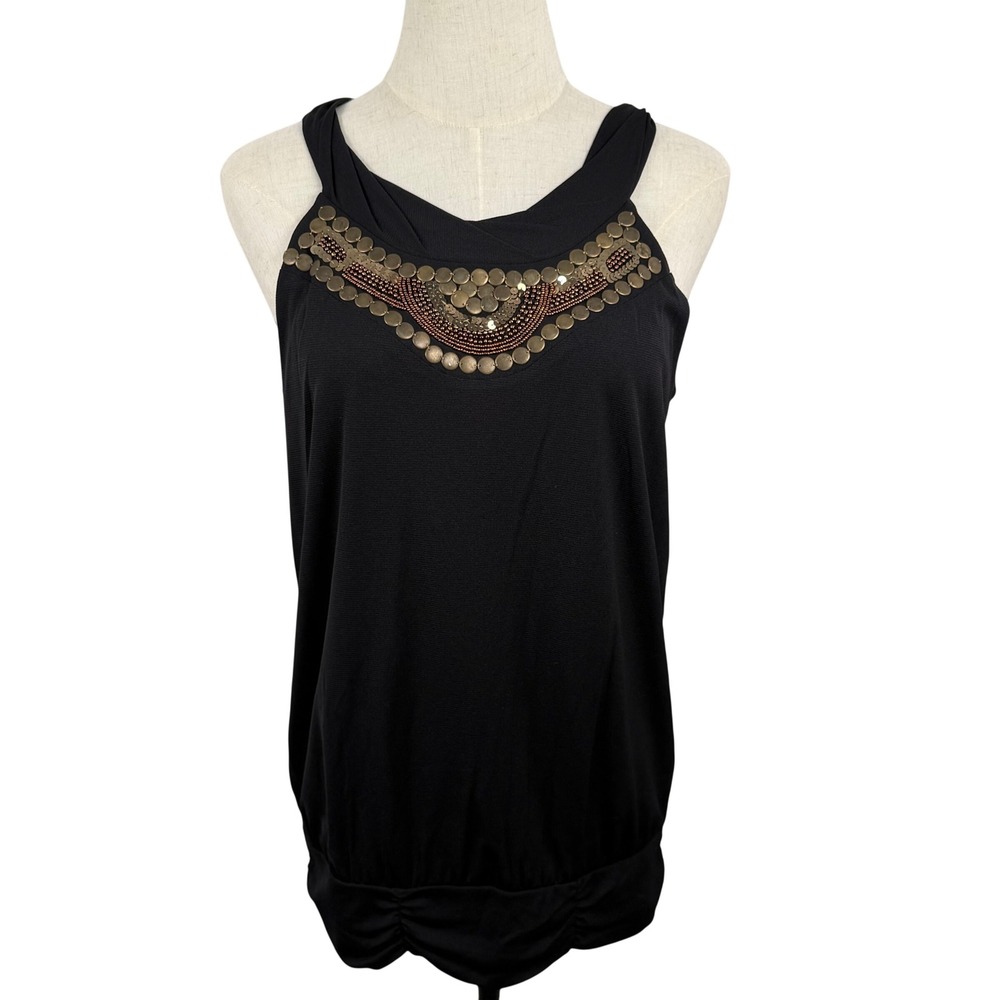Worthington Womens S Tank Top Black Beaded Sequin Bubble Hem Boho Chic Evening
